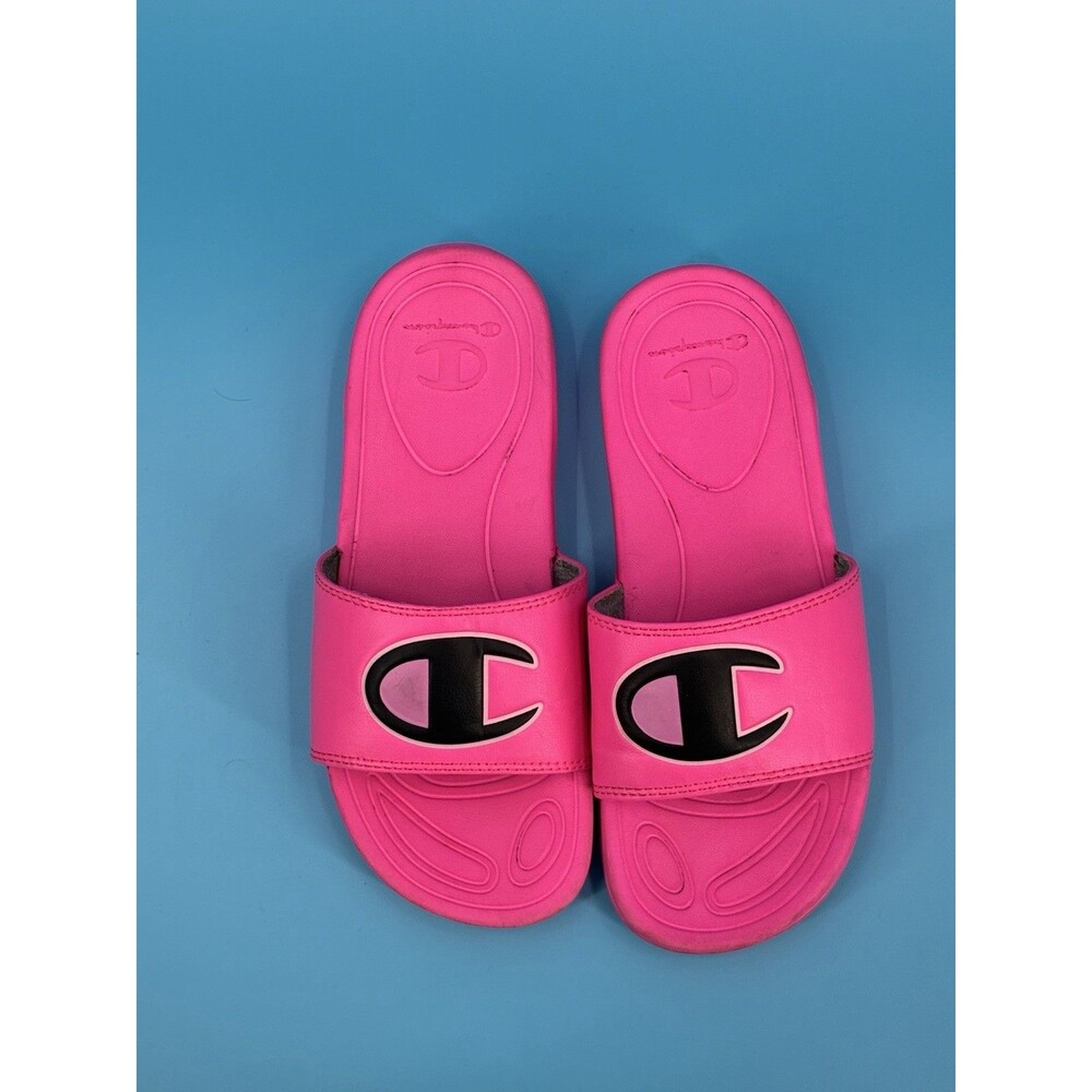 Champion Mega Slide Big C Kids Size 2Y Hot Pink Black Logo Sandals
